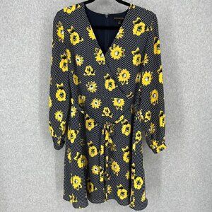 Banana Republic Floral Faux Wrap Dress Size 6 Navy Blue Polka Dot Yellow Tie